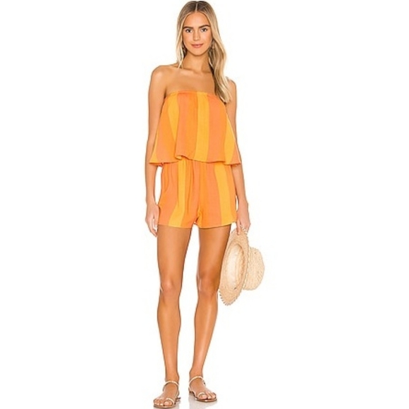 SMYMuMu Strapless Stripe Romper Orange Yellow Clay Summer Beach Vacation Coachel - Picture 10 of 10